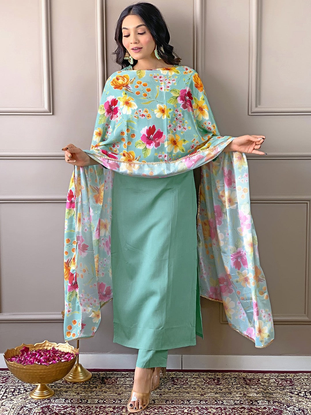 Floral Yoke Design Round Neck Sequinned Straight Kurta with Trousers & With Dupatta