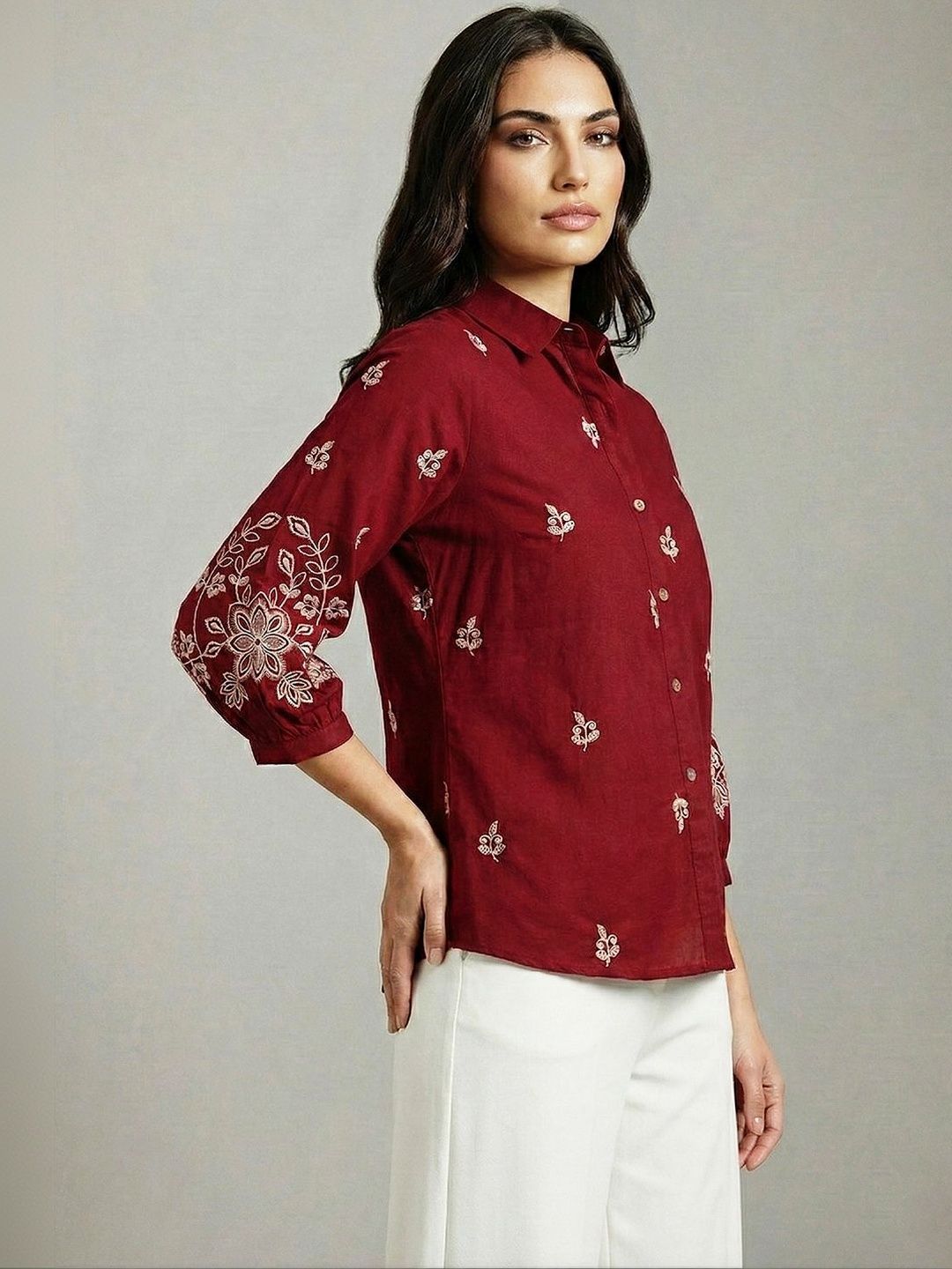 Women Shirt Collar Embroidered Tunic