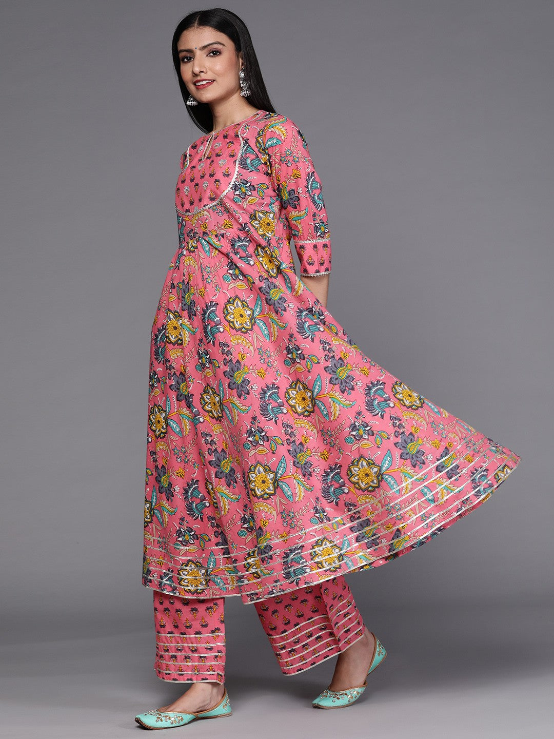 Women Pink Floral Printed Panelled Pure Cotton Kurta with Palazzos & With Dupatta