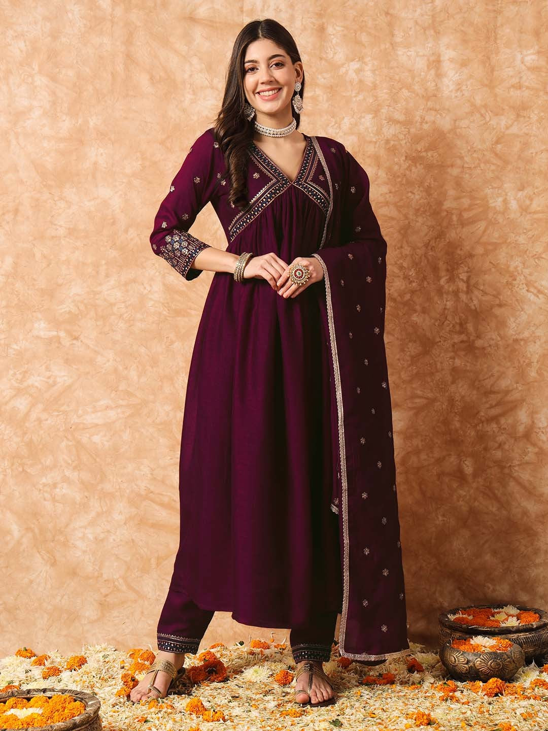 Floral Embroidered A-Line Kurta With Trousers & Dupatta