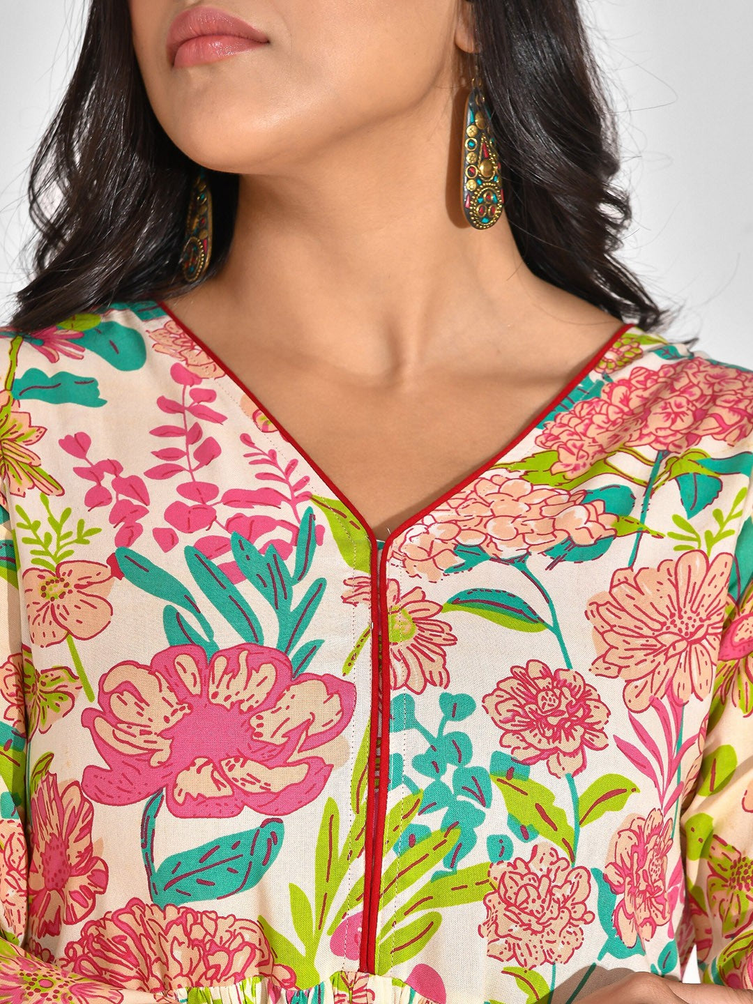 Floral Printed V-Neck Anarkali Kurta With Palazzos & Dupatta