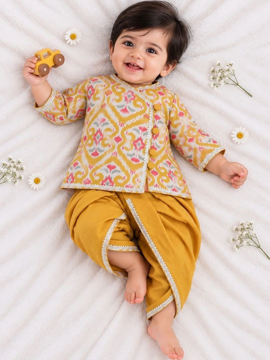 Boys Ethnic Motifs Printed Angrakha Pure Cotton Top with Dhoti Pants