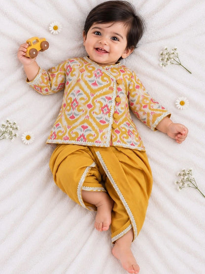 Boys Ethnic Motifs Printed Angrakha Pure Cotton Top with Dhoti Pants