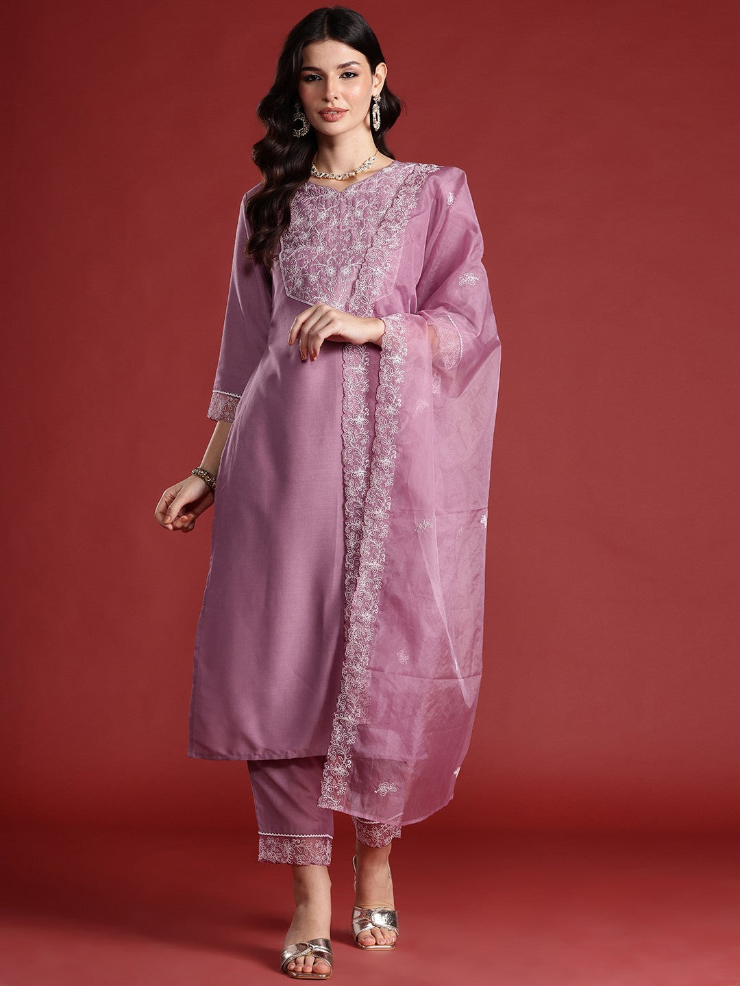 Floral Embroidered Thread Work Kurta with Trousers & Dupatta