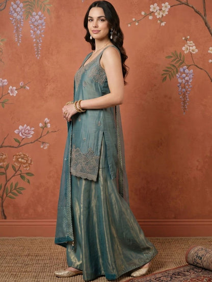 Women Ethnic Motifs Embroidered Regular Thread Work Kurta with Sharara & With Dupatta