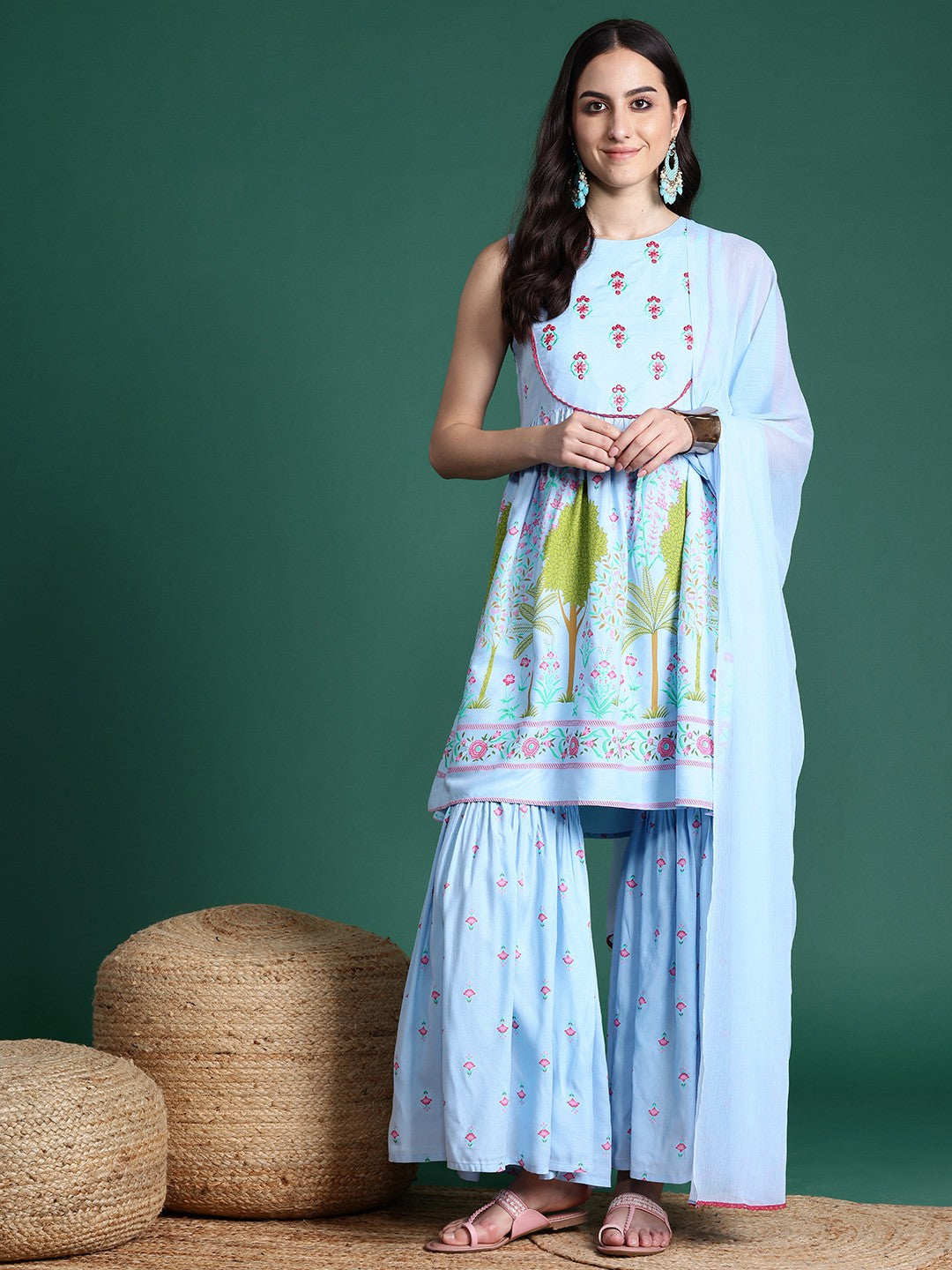 Printed Mirror Work Kurta with Sharara & Dupatta