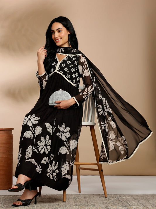 Floral Printed Empire Thread Work Kurta with Trousers & Dupatta