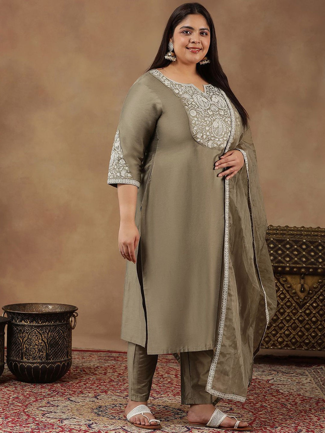 Plus Size Floral Embroidered Thread Work Kurta With Trousers & Dupatta