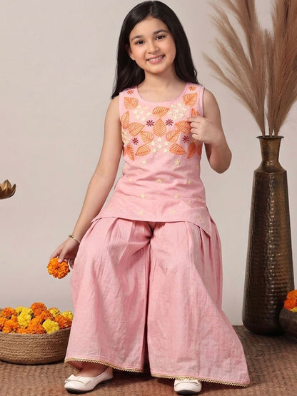 Girls Embroidered Regular Thread Work Kurta with Palazzos
