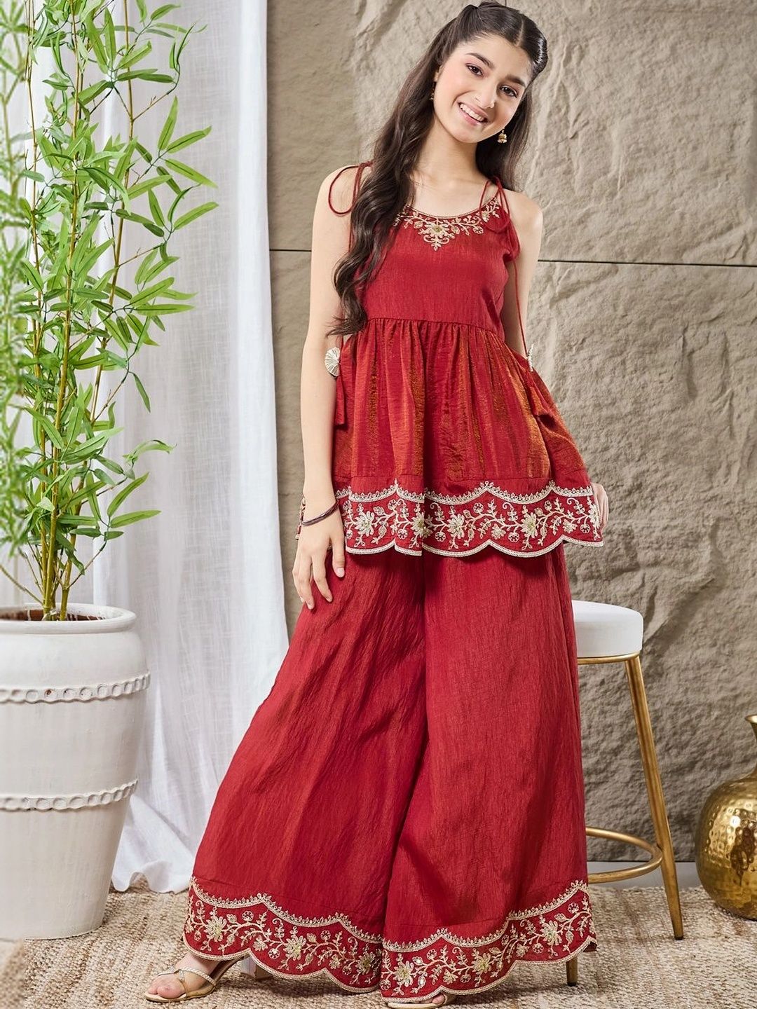 Girls Rust Red Embroidered Peplum Kurta With Plazzo Set