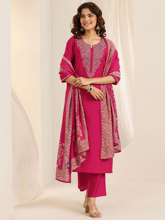 Women Floral Yoke Design Regular Thread Work Kurta & Trouser With Dupatta
