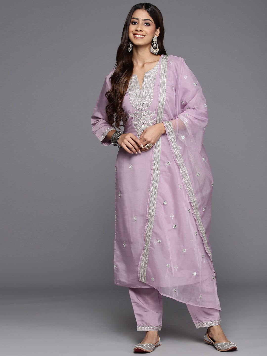 Ethnic Motifs Embroidered Regular Sequinned Kurta with Trousers & Dupatta