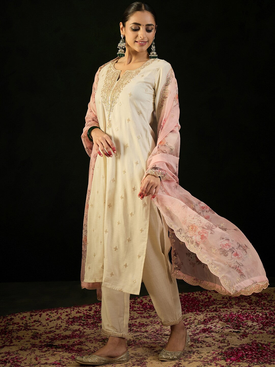 Notched Neck Floral Embroidered Kurta with Trouser & Dupatta