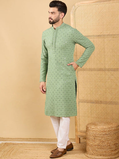 Geometric Embroidered Mandarin Collar Straight Kurta & Trousers