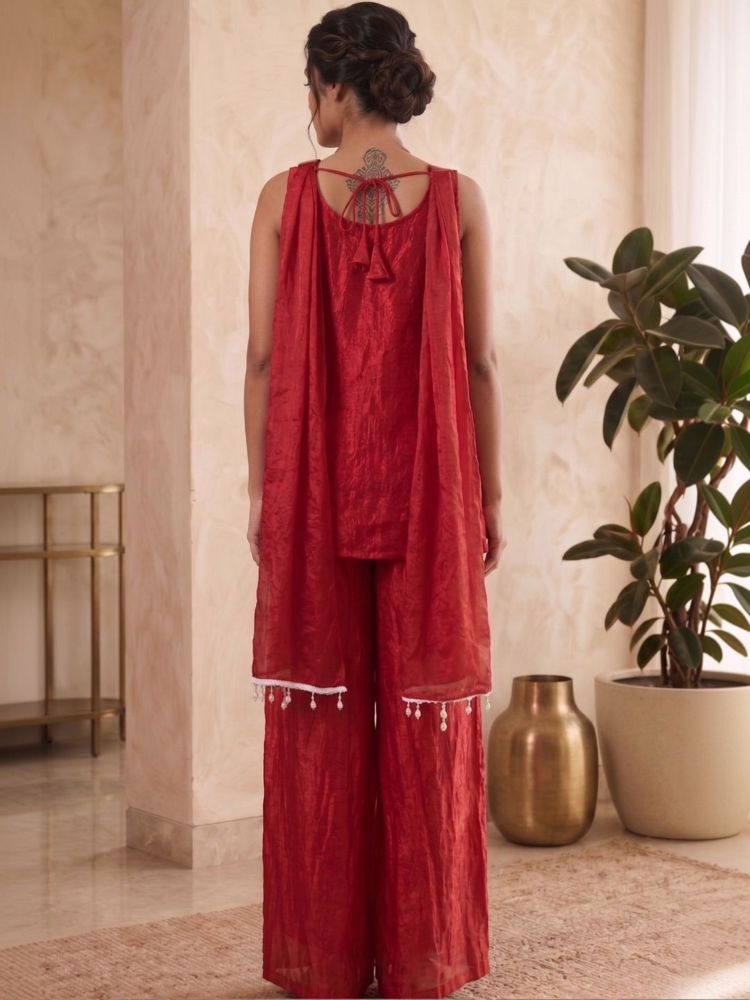 Women Ethnic Motifs Embroidered Regular Thread Work Raw Silk Kurta with Palazzos & With Dupatta