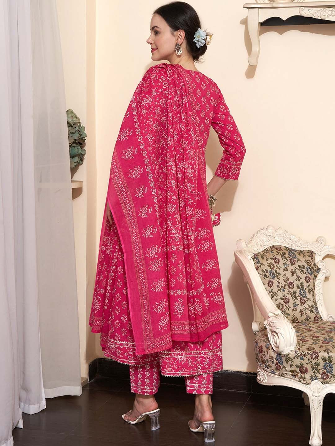 Printed & Embroidered Pure Cotton A-Line Kurta With Trouser & Dupatta