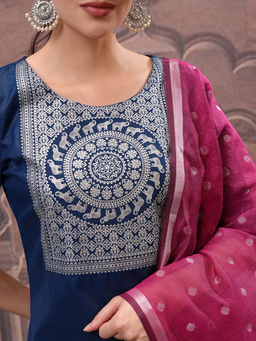 Teal Ethnic Motifs Yoke Design Straight Kurta with Palazzo & Dupatta