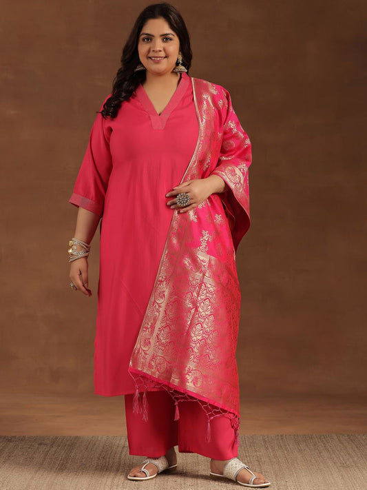 Plus Size V-Neck Regular Straight Kurta With Palazzos & Dupatta