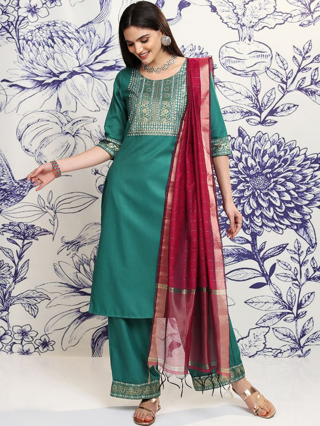 Green Ethnic Motifs Yoke Design Regular Straight Kurta With Palazzos & Dupatta