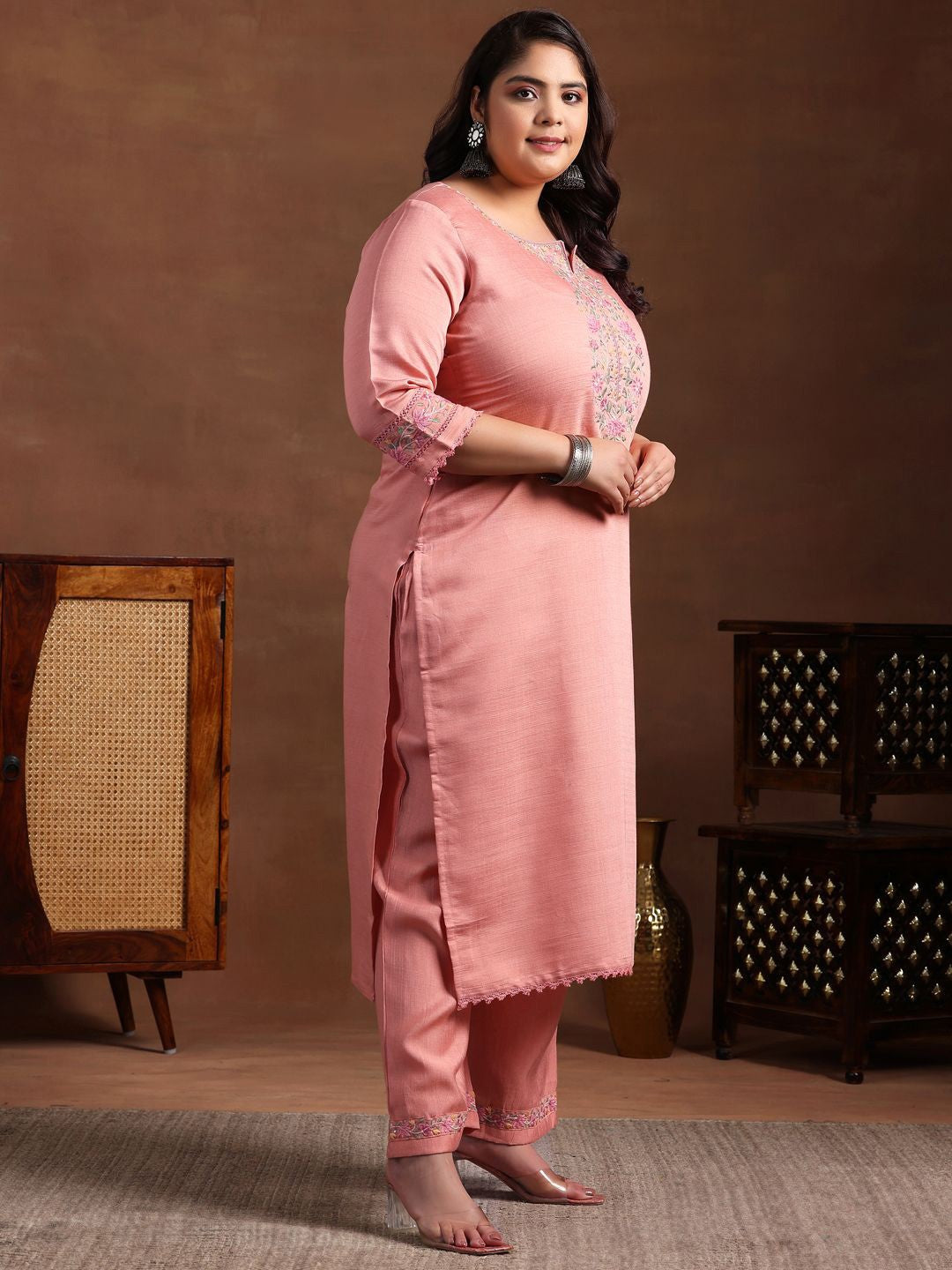 Plus Size Floral Yoke Design Straight Kurta with Palazzo & Dupatta