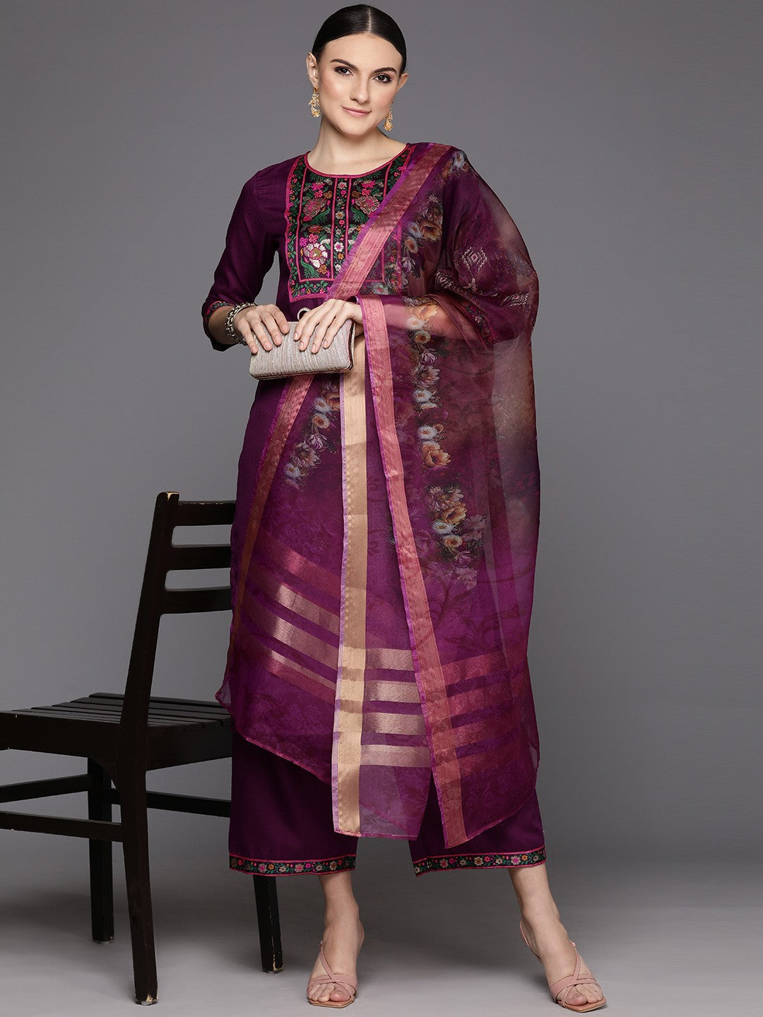 Women Purple Yoke Design Regular Kurta with Palazzos & With Dupatta