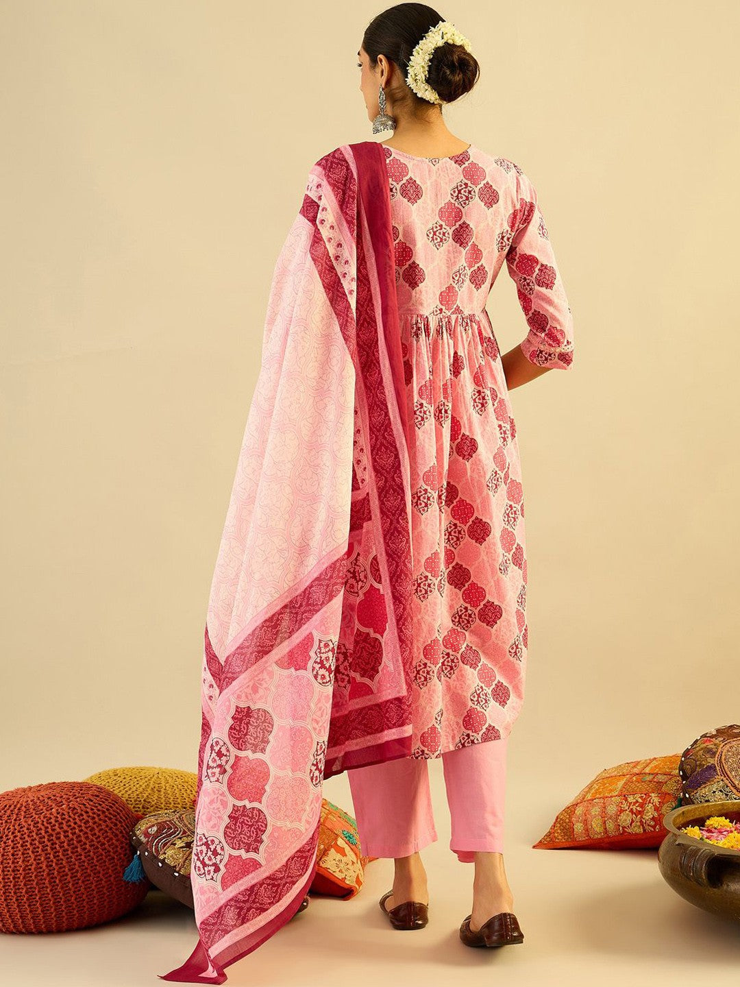 Printed Mirror Work Pure Cotton Kurta With Trousers & Dupatta