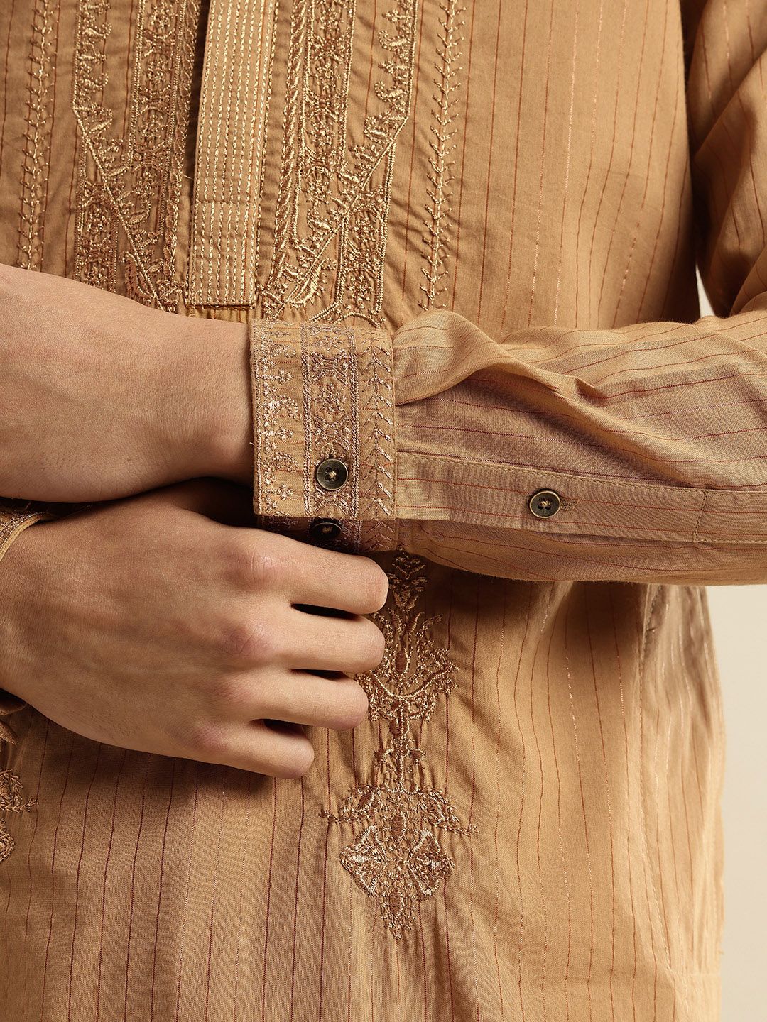 Striped Mandarin Collar Thread Work Jashn Kurta with Trousers