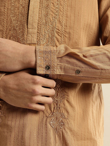 Striped Mandarin Collar Thread Work Jashn Kurta with Trousers