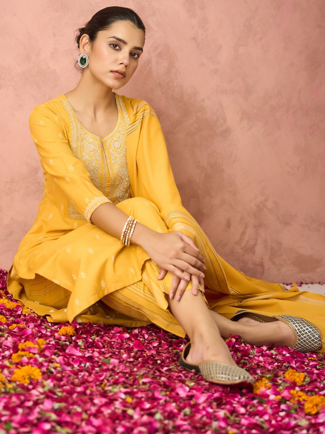 Woven Design Floral Embroidered Straight Kurta With Trouser And Dupatta
