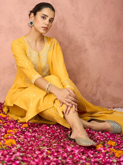 Woven Design Floral Embroidered Straight Kurta With Trouser And Dupatta