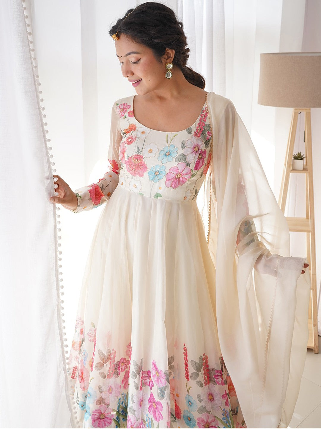 Floral Printed Silk Anarkali Kurta With Trousers & Dupatta