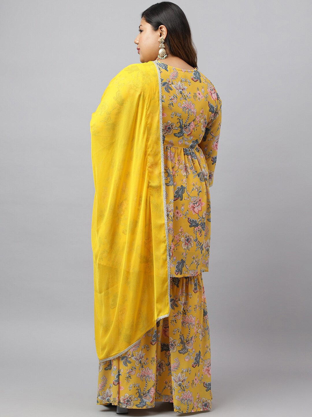 Plus Size Floral Printed Gotta Patti Kurta With Sharara & Dupatta