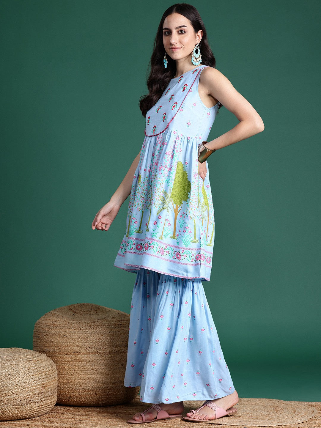 Printed Mirror Work Kurta with Sharara & Dupatta