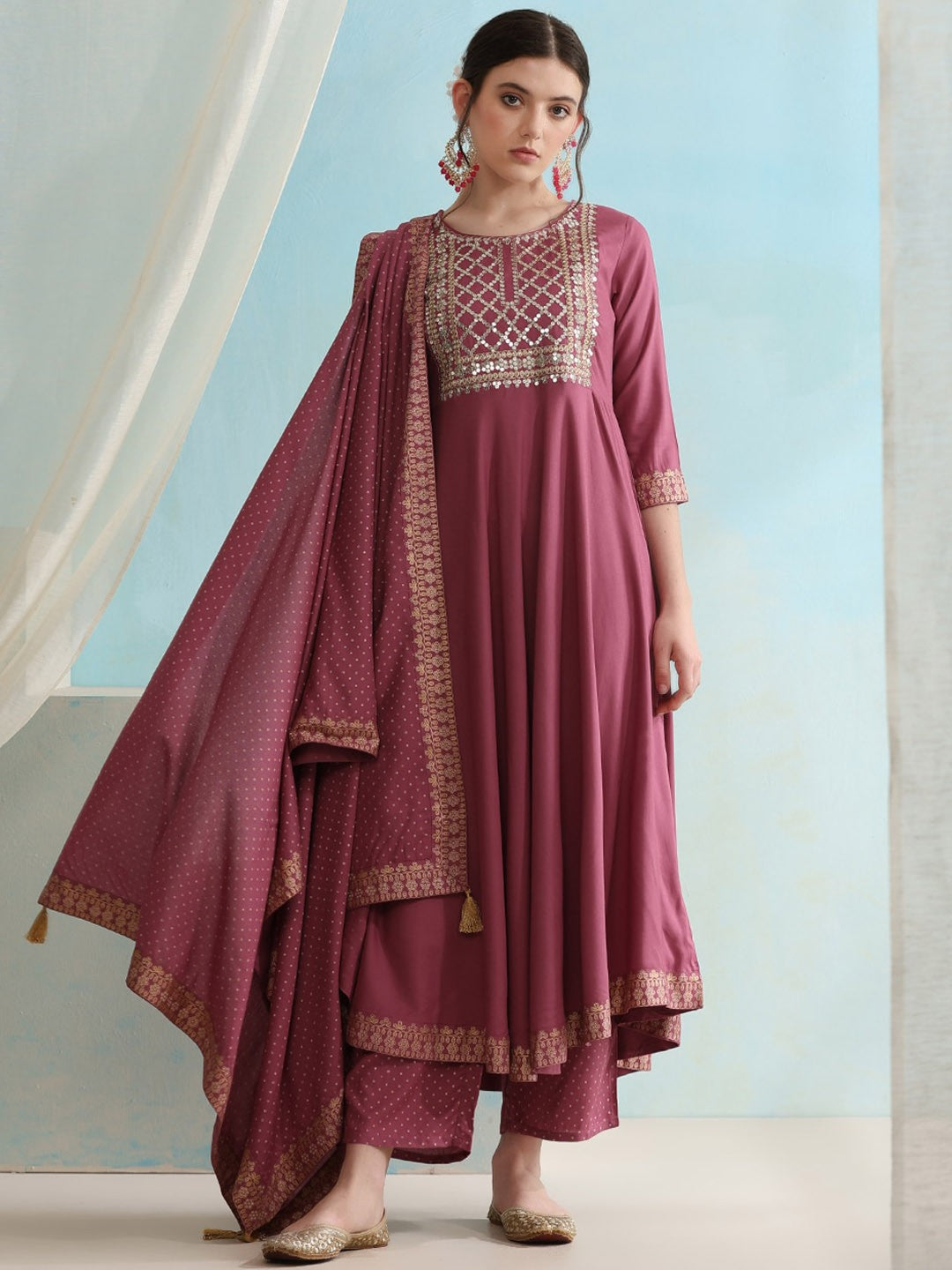 Embroidered Regular Sequinned Kurta with Palazzos & Dupatta