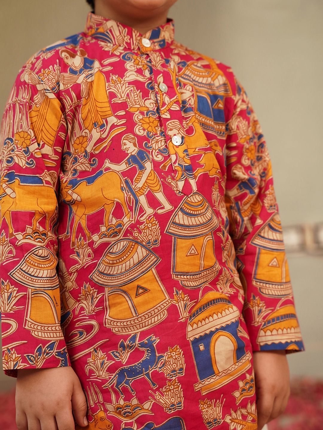 Boys Pink Ethnic Motifs Printed Pure Cotton Kurta With Dhoti Pants Set