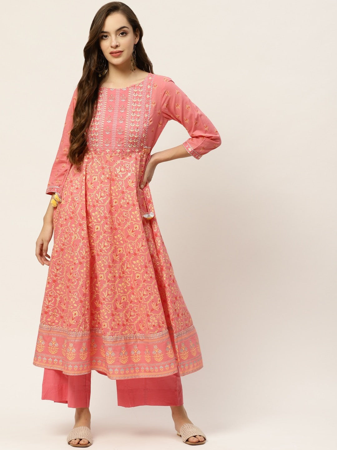 Women Coral Pink & Golden Ethnic Motifs Printed A-Line Pure Cotton Kurta Set