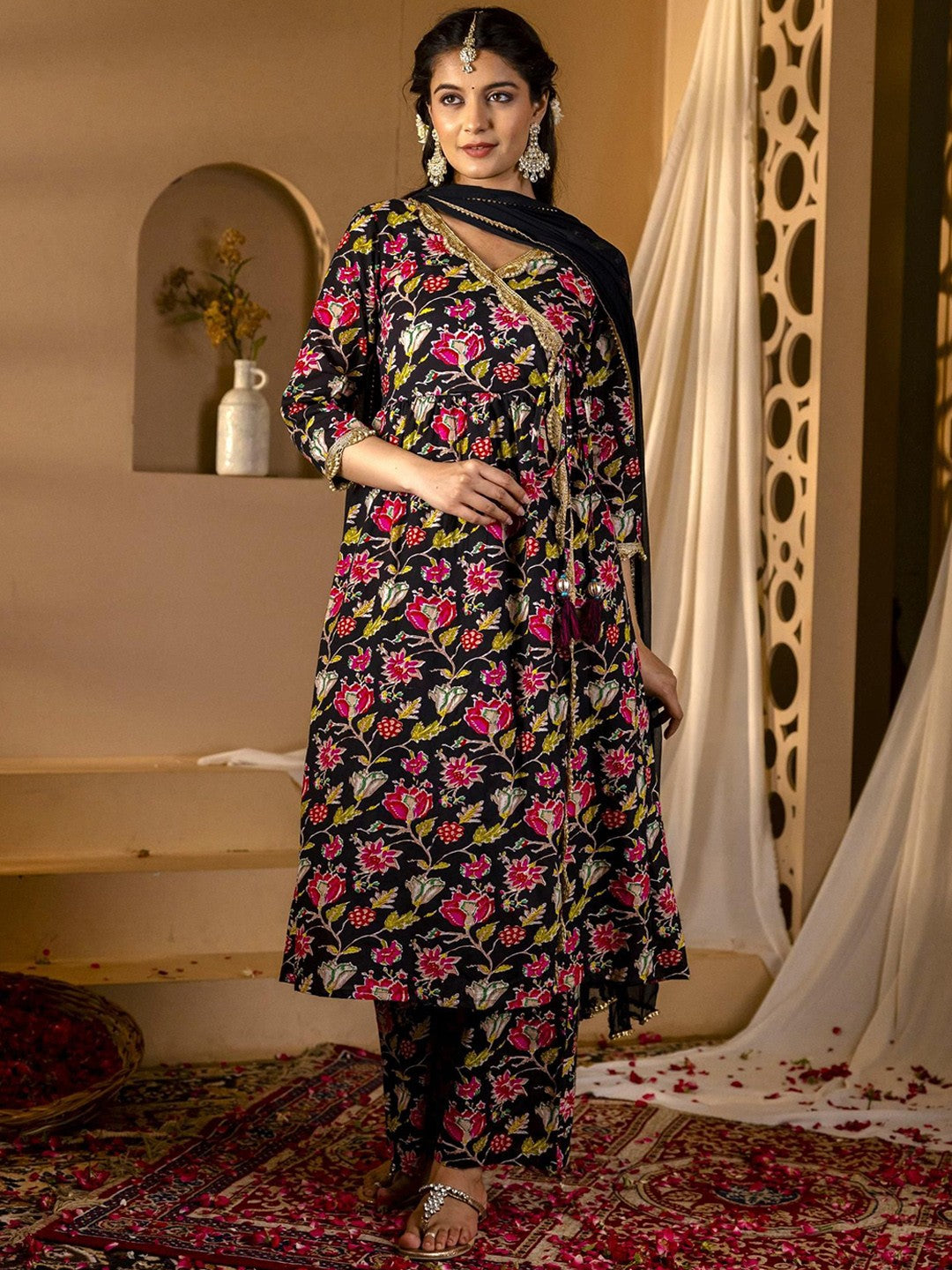 Floral Printed Angrakha Gotta Patti Pure Cotton Kurta with Palazzos & Dupatta