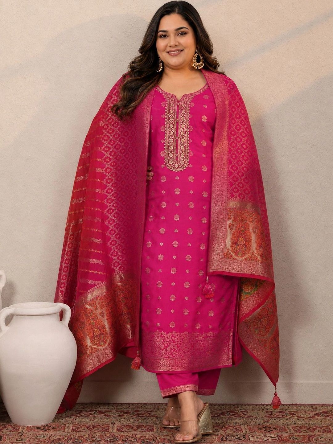 Women Ethnic Motifs Embroidered Regular Kurta with Trousers & With Dupatta