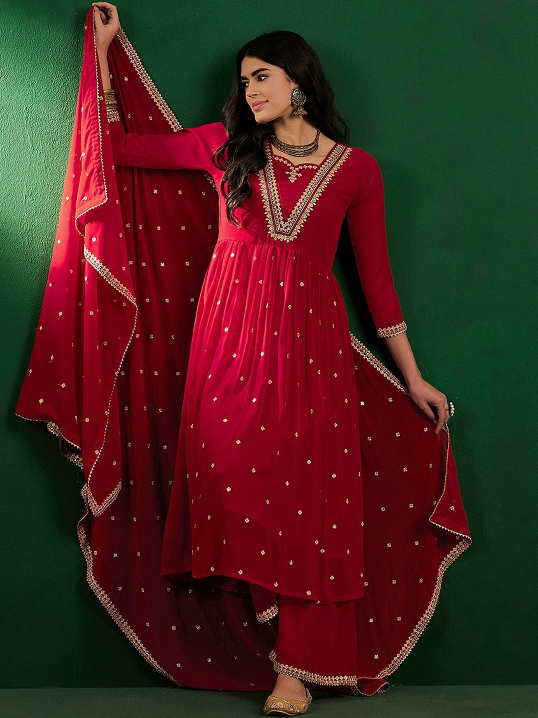 Embroidered Zari Sequined A-Line Georgette Kurta With Palazzo & Dupatta