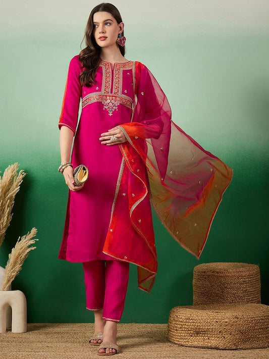 Notch Neck Embroidered Straight Kurta With Trouser & Dupatta Set