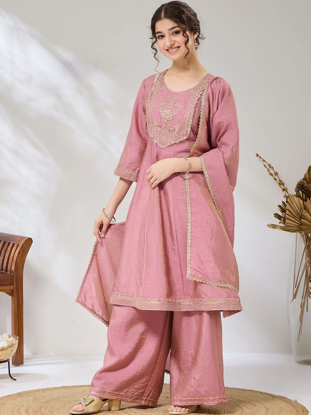 Girls Pink Embroidered Anarkali Kurti And Palazzo With Dupatta Set