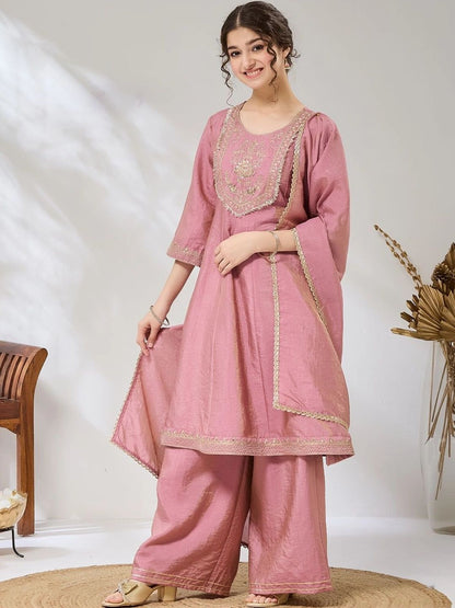 Girls Pink Embroidered Anarkali Kurti And Palazzo With Dupatta Set