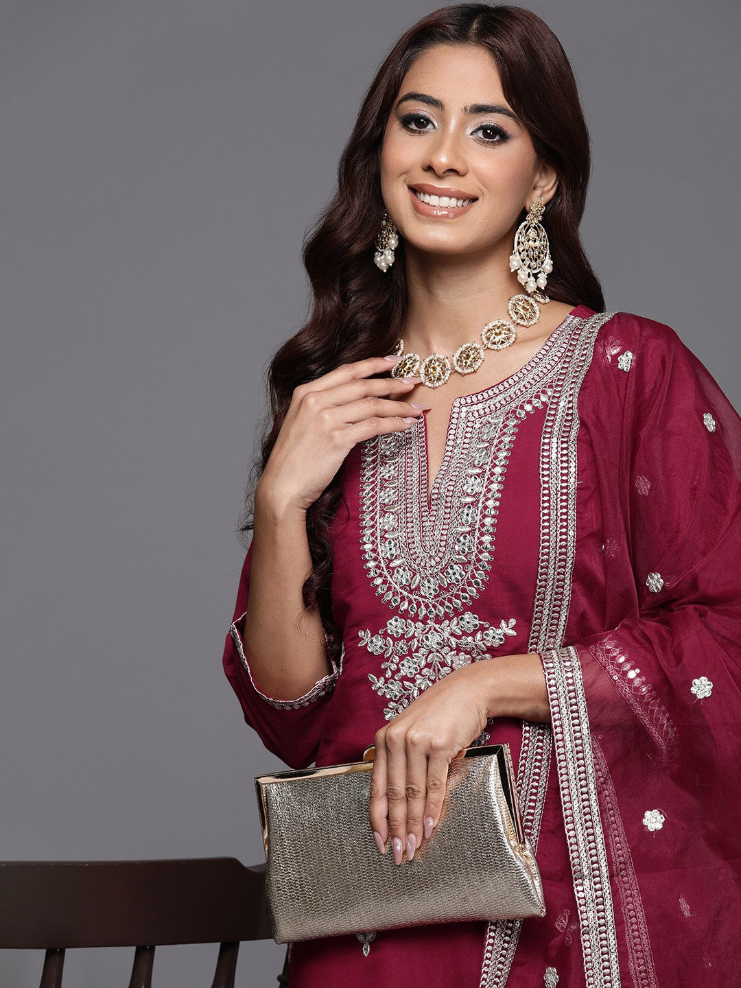 Embroidered Regular Sequinned Kurta with Trousers & Dupatta