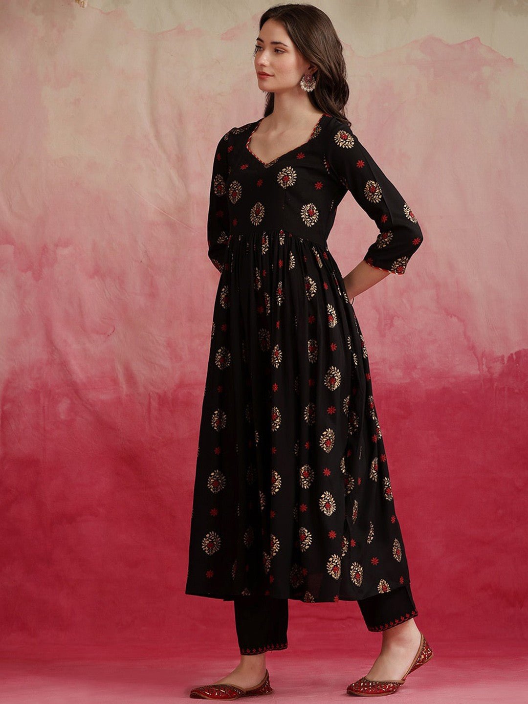 Ethnic Motifs Printed Anarkali Kurta With Palazzos & Dupatta