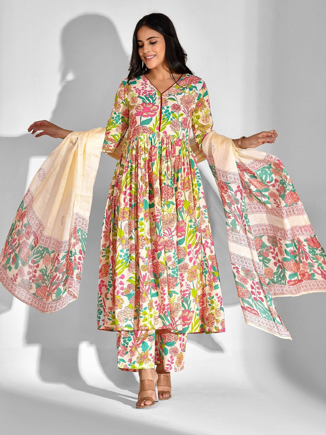 Floral Printed V-Neck Anarkali Kurta With Palazzos & Dupatta