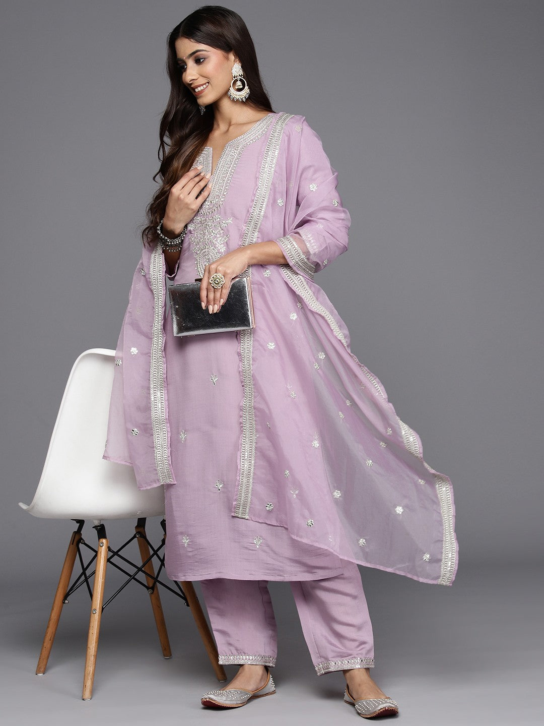 Ethnic Motifs Embroidered Regular Sequinned Kurta with Trousers & Dupatta