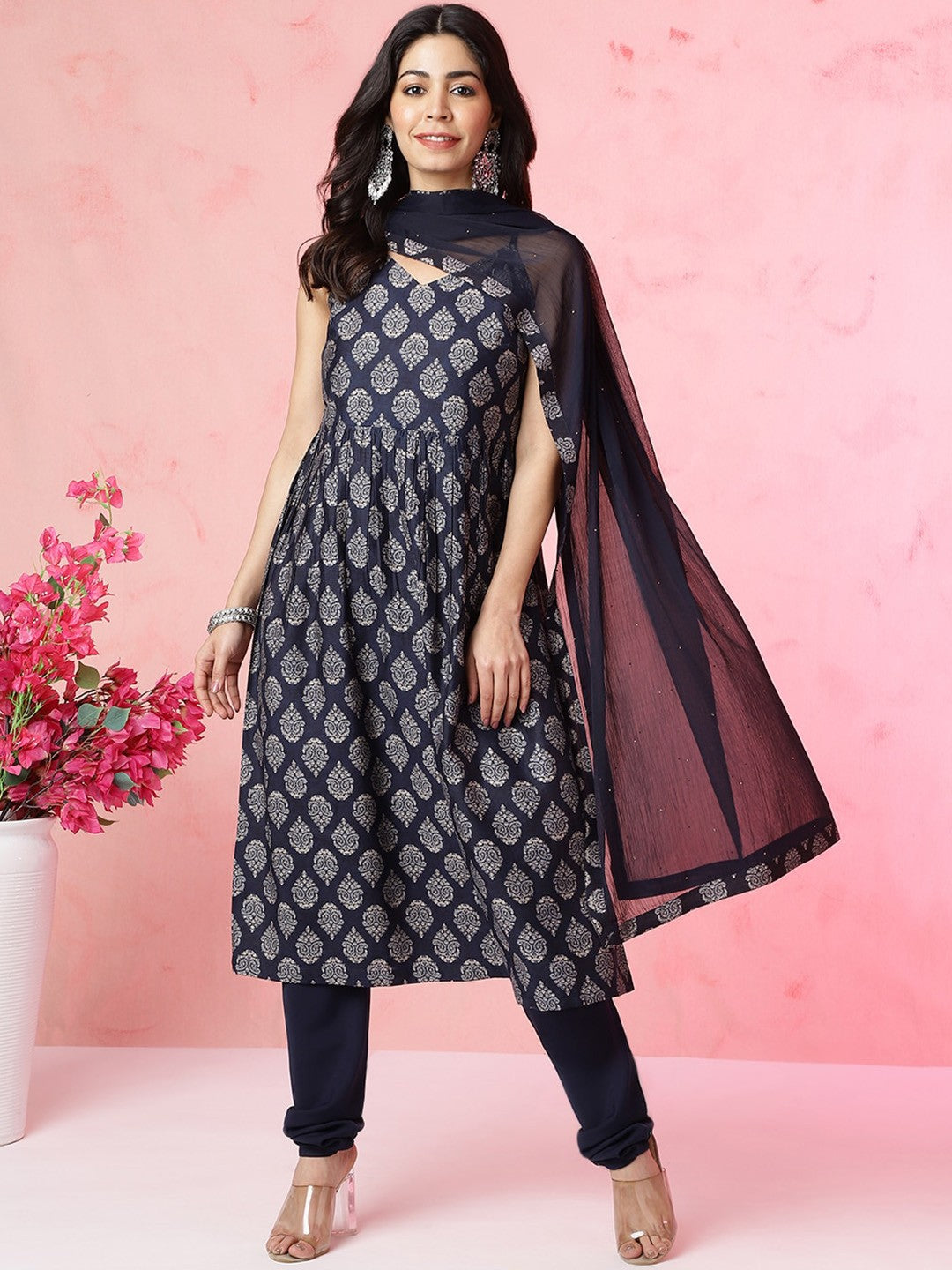 Shoulder Straps Sleeveless Ethnic Printed Empire Kurta with Churidar & Dupatta