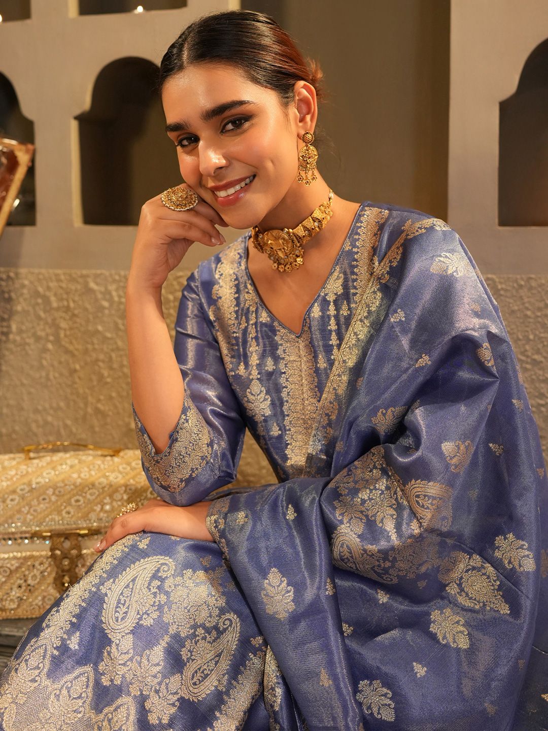 Floral Woven Design V-Neck Liva Zari Straight Kurta & Trousers With Dupatta