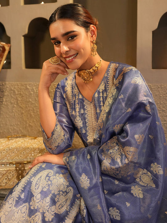 Floral Woven Design V-Neck Liva Zari Straight Kurta & Trousers With Dupatta