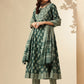 Green Floral Printed Aari Work Pure Cotton Anarkali Kurta with Trousers & Dupatta